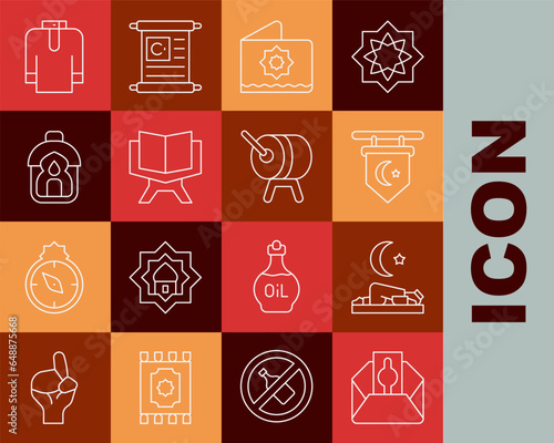 Set line Donate or pay your zakat, Muslim man prays, Star and crescent, Octagonal star, Holy book of Koran, Ramadan Kareem lantern, Shirt kurta and drum icon. Vector