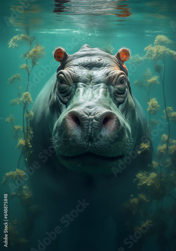 Close-Up of a Menacing Hippopotamus (Hippopotamus amphibius) Swimming Underwater Toward the Camera - Capturing the Essence of Danger and Fear. Generative AI. © Modern Artizen