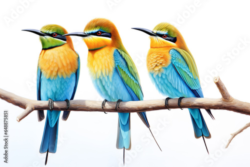Image of group of blue-tailed bee-eater on a branch on a white background. Birds. Animals. Illustration, Generative AI. © yod67