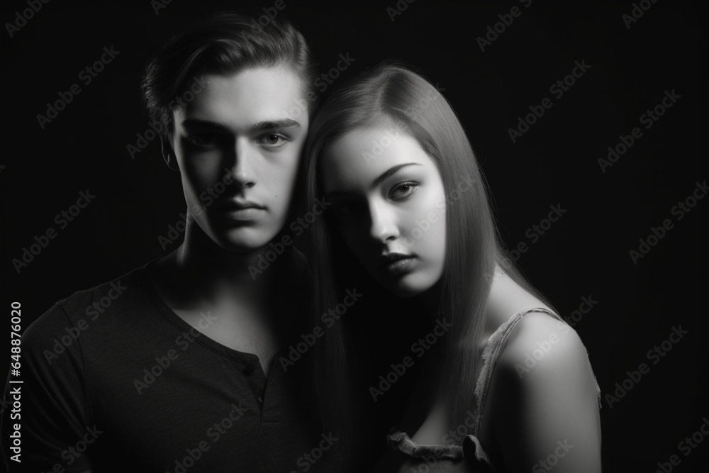 Beautiful young man and woman posing in studio, Studio shoot, Black and white, Low key Beautiful young man and woman posing in studio, Studio shoot, Black and white, Low key