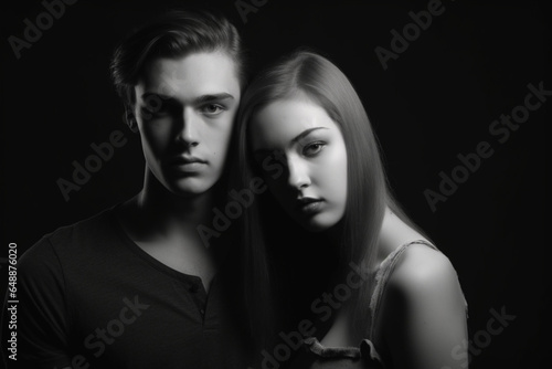 Beautiful young man and woman posing in studio, Studio shoot, Black and white, Low key