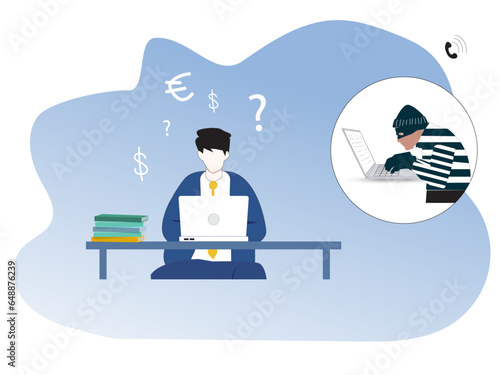 Phone frauding. Internet scammer attract people and blackmail money identity call, cyber theft hacking banking card on calls, vector illustration. Fraud and scammer criminal.vector illustration.