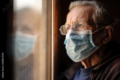 Elderly caucasian man wearing protective face mask photo