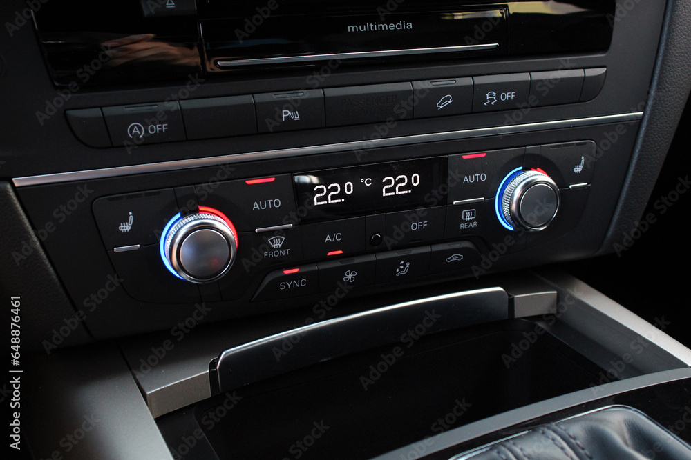 Car climate control. Climate control dashboard display. Luxury car air conditioner.