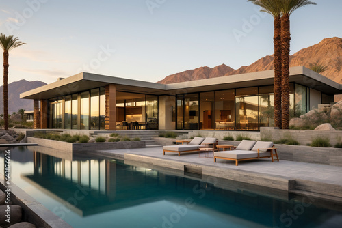 Villa contemporaine dans le désert californien, piscine, palmiers, luxe