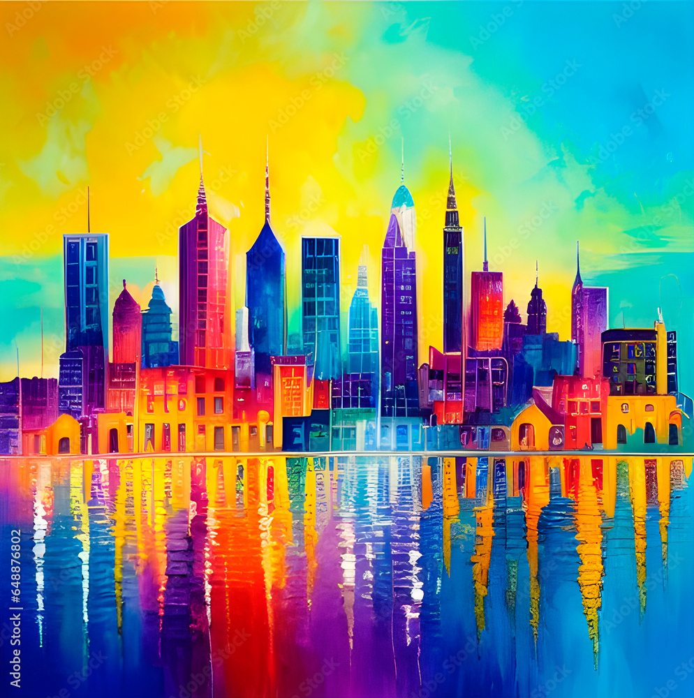 Hermosa pintura con colores vibrantes de paisaje urbano con río y una hermosa luz del atardecer 