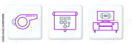 Set line American football on tv program and stand, Whistle and Planning strategy concept icon. Vector