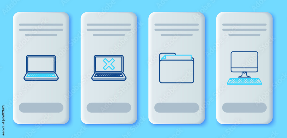 Set line Laptop and cross mark on screen, Document folder, and Computer monitor with keyboard icon. Vector Set line Laptop and cross mark on screen, Document folder, and Computer monitor with keyboard icon. Vector