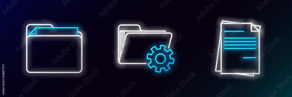 Set line File document, Document folder and Folder settings with gears icon. Glowing neon. Vector Set line File document, Document folder and Folder settings with gears icon. Glowing neon. Vector