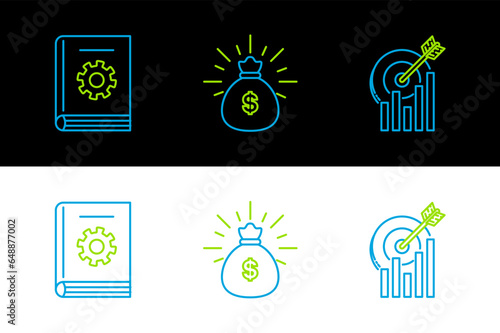 Set line Target with graph chart, User manual and Money bag icon. Vector