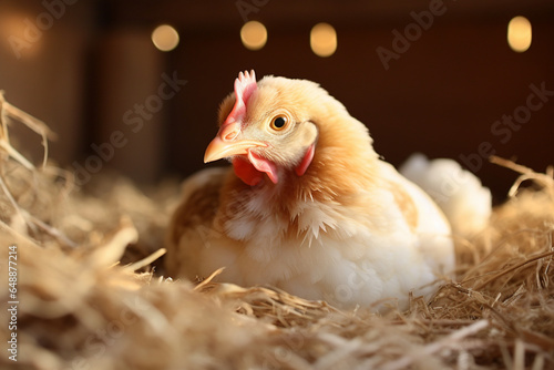 Beautiful chicken with eggs on hay in henhouse