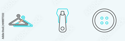 Set line Sewing button for clothes, Hanger wardrobe and Zipper icon. Vector