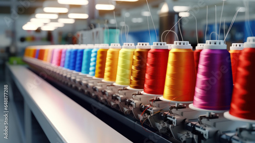 Efficient textile production: Colorful thread reels on a modern automated sewing machine in a vibrant factory setting..