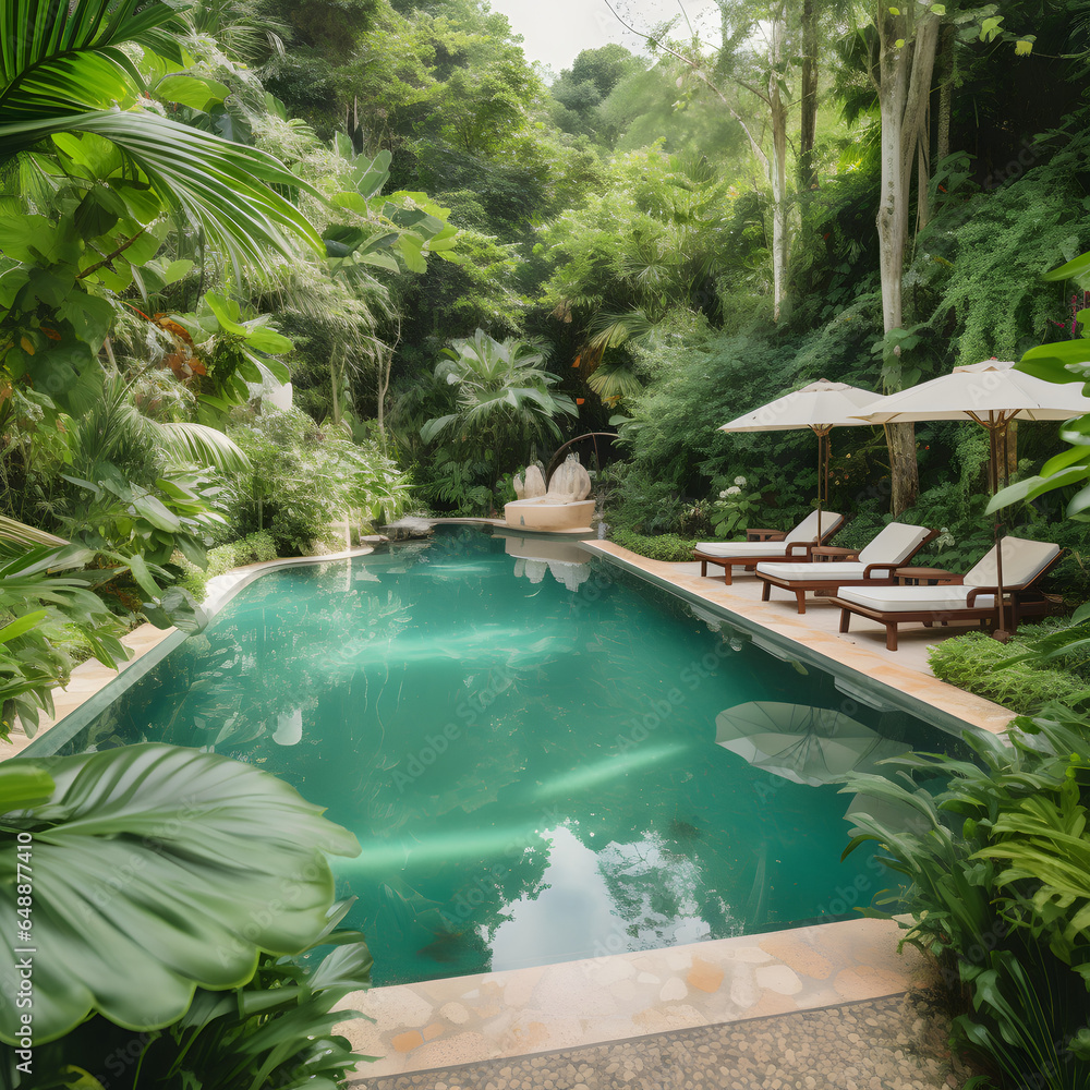 luxurious resort pool surrounded by lush greenery and com generative AI