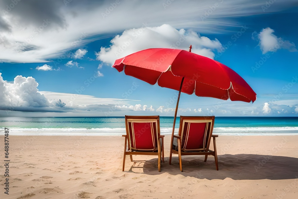 sun beds and umbrellas on the beach  generated by AI