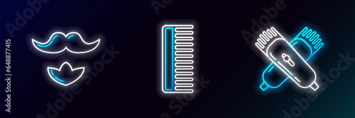 Set line Crossed electrical hair clipper or shaver, Mustache and beard and Hairbrush icon. Glowing neon. Vector
