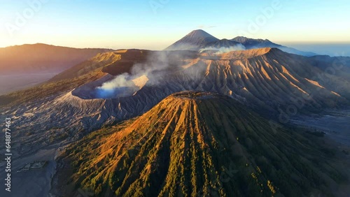 Aerial view of Mount Bromo volcano (Gunung Bromo) during sunrise in Bromo Tengger Semeru National Park, East Java, Indonesia. photo