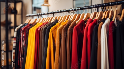 Colourful clothes on hangers in a modern boutique, Generative AI