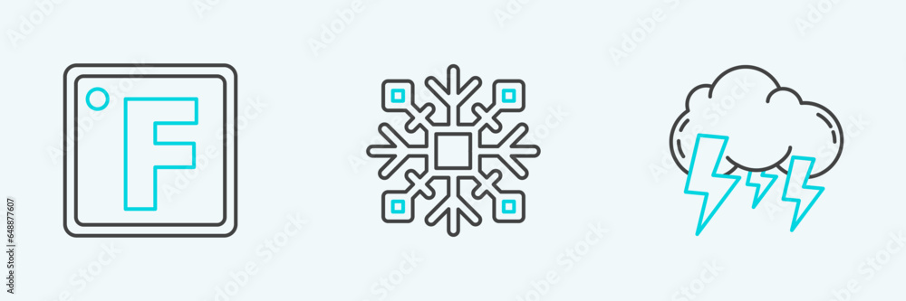 Set line Storm, Fahrenheit and Snowflake icon. Vector Set line Storm, Fahrenheit and Snowflake icon. Vector