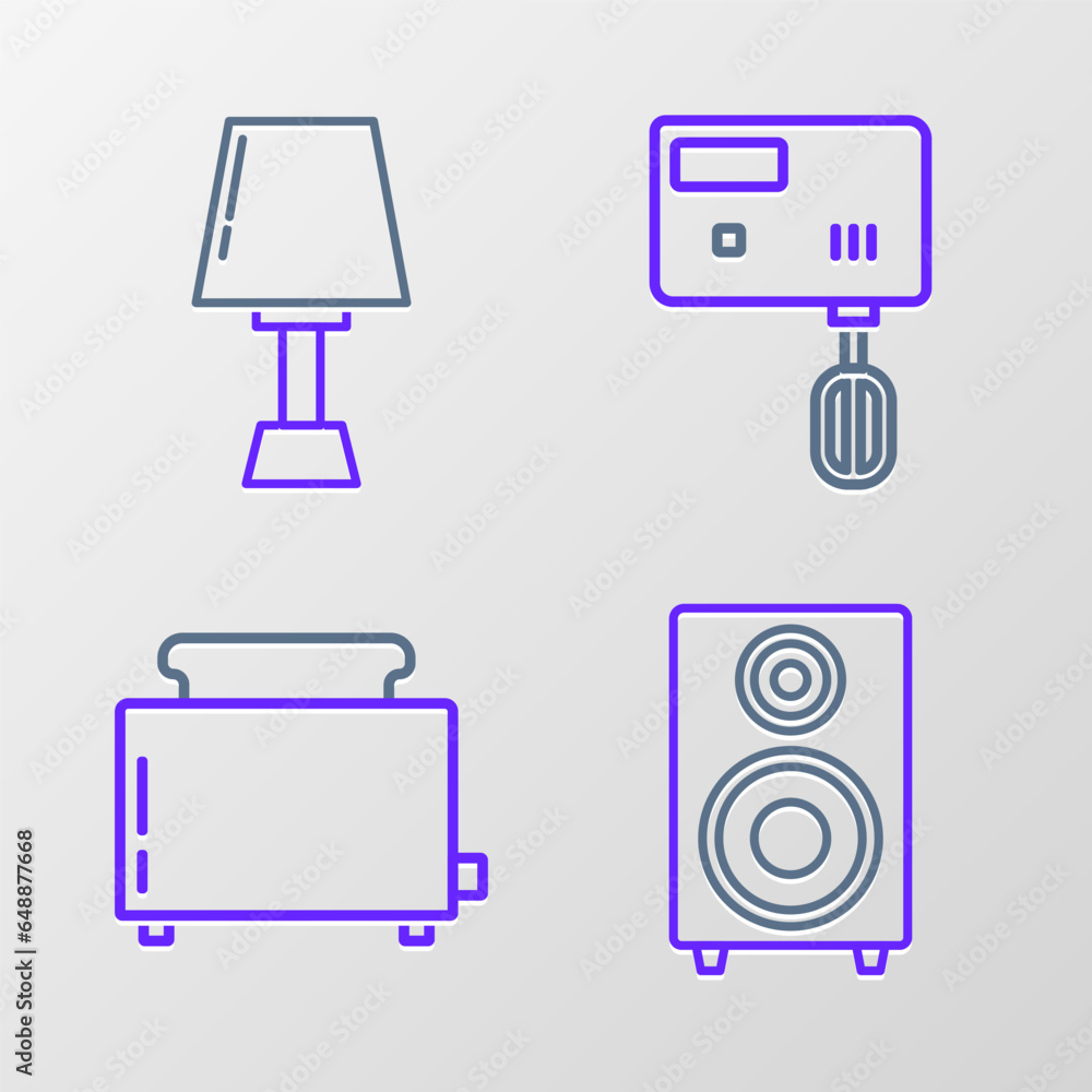 Set line Stereo speaker, Toaster with toasts, Electric mixer and Table lamp icon. Vector Set line Stereo speaker, Toaster with toasts, Electric mixer and Table lamp icon. Vector