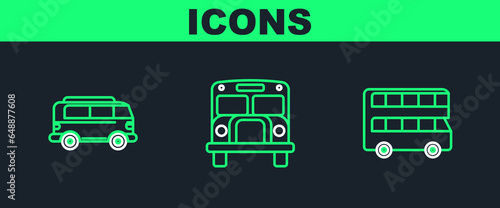 Set line Double decker bus, Retro minivan and School Bus icon. Vector