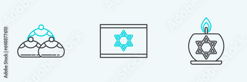 Set line Burning candle in candlestick with star of david, Jewish sweet bakery and Flag Israel icon. Vector