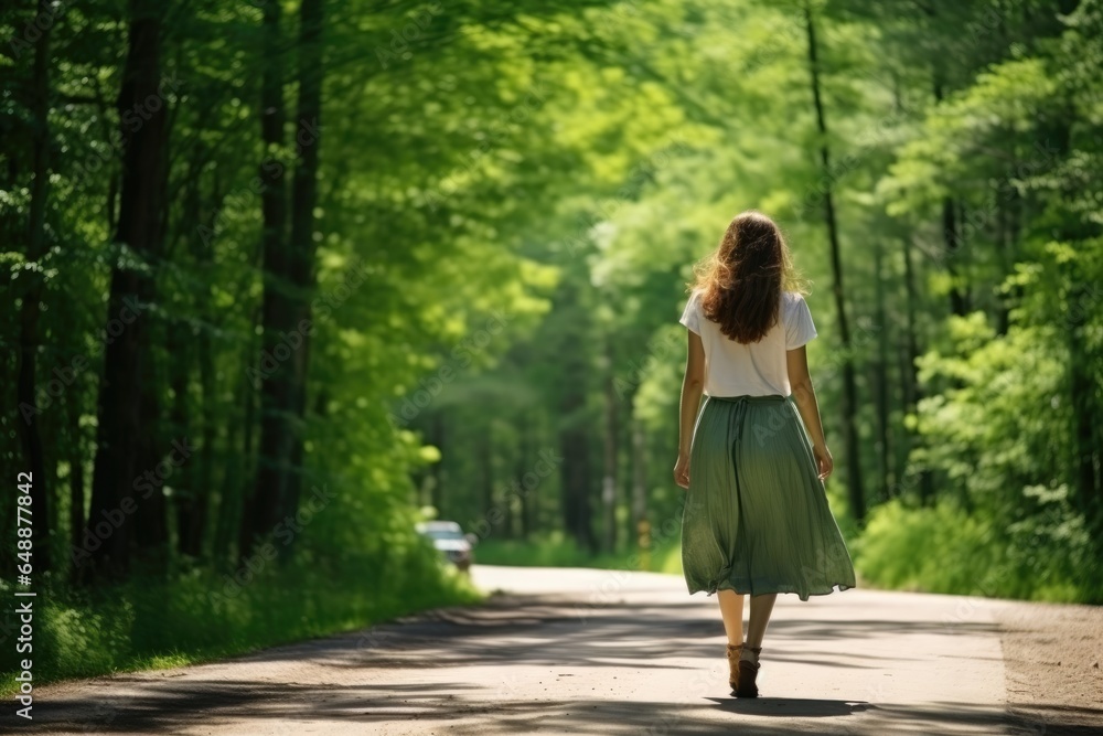 Young woman walking on green road in forest