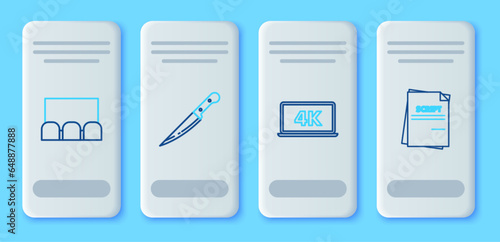 Set line Knife, Laptop screen with 4k video technology, and Scenario icon. Vector