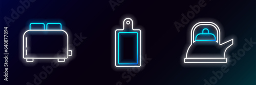 Set line Kettle with handle, Toaster toasts and Cutting board icon. Glowing neon. Vector