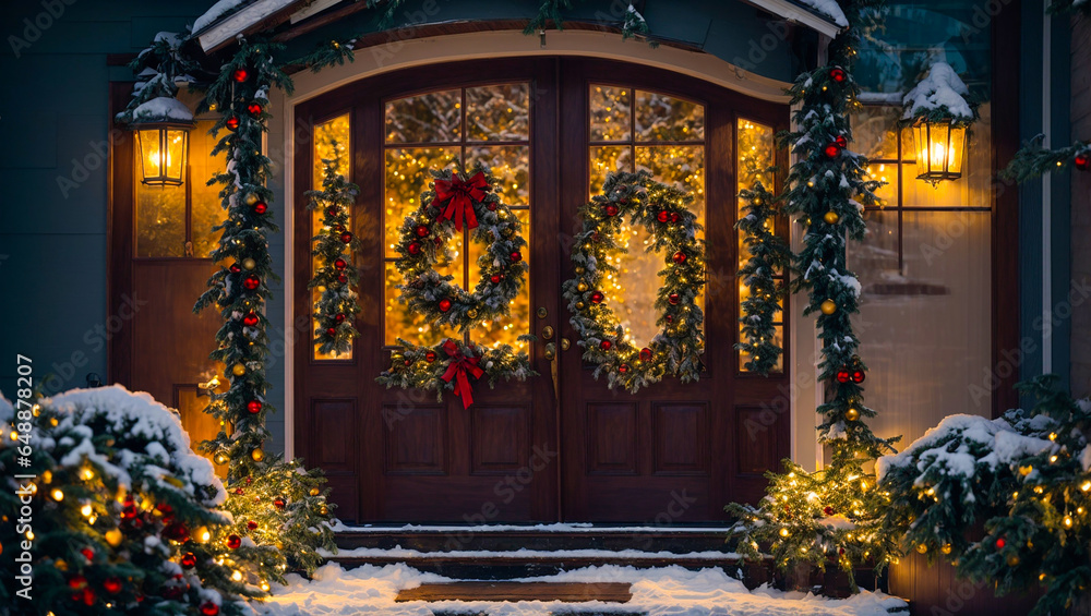 Entrance doors of the house, with decorations, Christmas tree, exterior