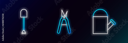 Set line Watering can, Shovel and Gardening handmade scissors icon. Glowing neon. Vector