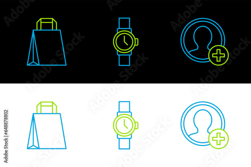 Set line Create account screen, Paper shopping bag and Wrist watch icon. Vector