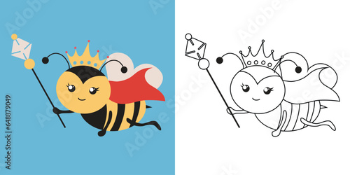 Colouring the animals. Coloring a cute cartoon queen bee. Simple colouring page for kids. Fun activity for kids. Educational printable coloring worksheet. Vector illustration. 