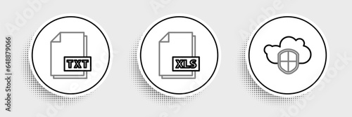 Set line Cloud and shield, TXT file document and XLS icon. Vector