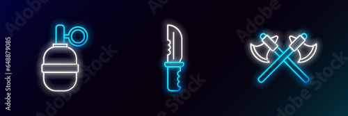 Set line Crossed medieval axes, Hand grenade and Military knife icon. Glowing neon. Vector
