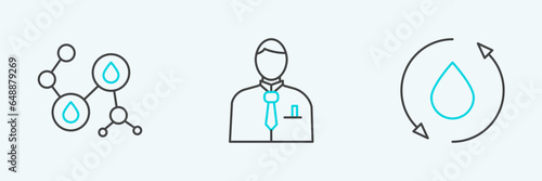 Set line Oil drop, Molecule oil and Businessman or stock market trader icon. Vector