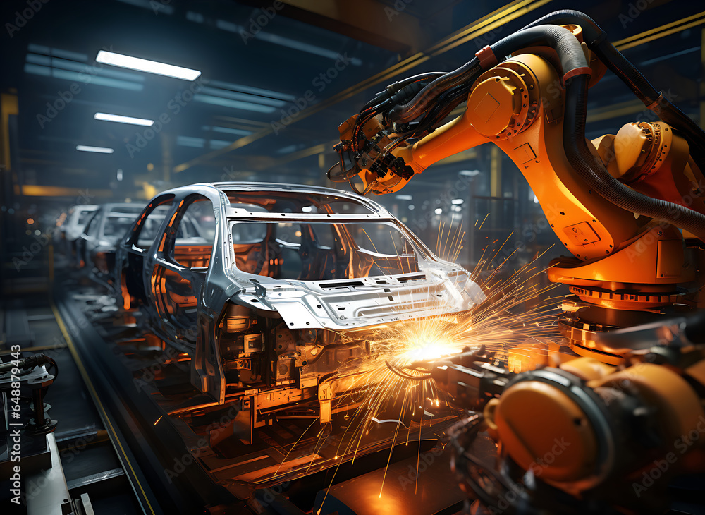 Assembly line of robots welding car body. Industry. Automobile plant, Industrial machinery automatic arm welding cars, vehicles robot in production line of vehicle manufacturer factory. Generative ai Assembly line of robots welding car body. Industry. Automobile plant, Industrial machinery automatic arm welding cars, vehicles robot in production line of vehicle manufacturer factory. Generative ai