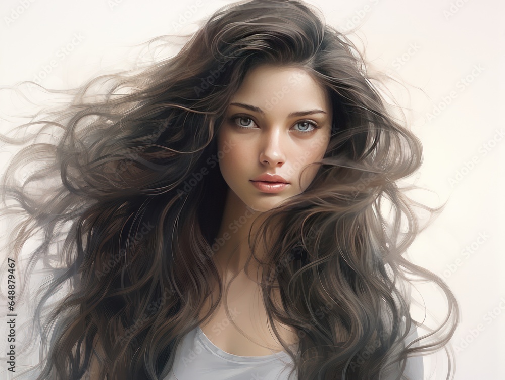 Naklejka premium Girl with Fresh Face and Luxurious Hair in the Wind commercial shoot of hair products