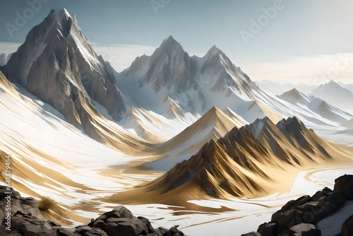 Minimalistic mountain landscape with watercolor gold brush and texture in traditional oriental . 3d rendering 