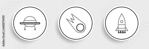 Set line Rocket ship, UFO flying spaceship and Comet falling down fast icon. Vector