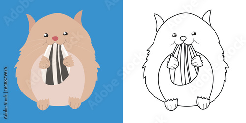 Colouring the animals. Coloring a cute cartoon hamster eating sunflower seed. Simple colouring page for kids. Fun activity for kids. Educational printable coloring worksheet. Vector illustration. 