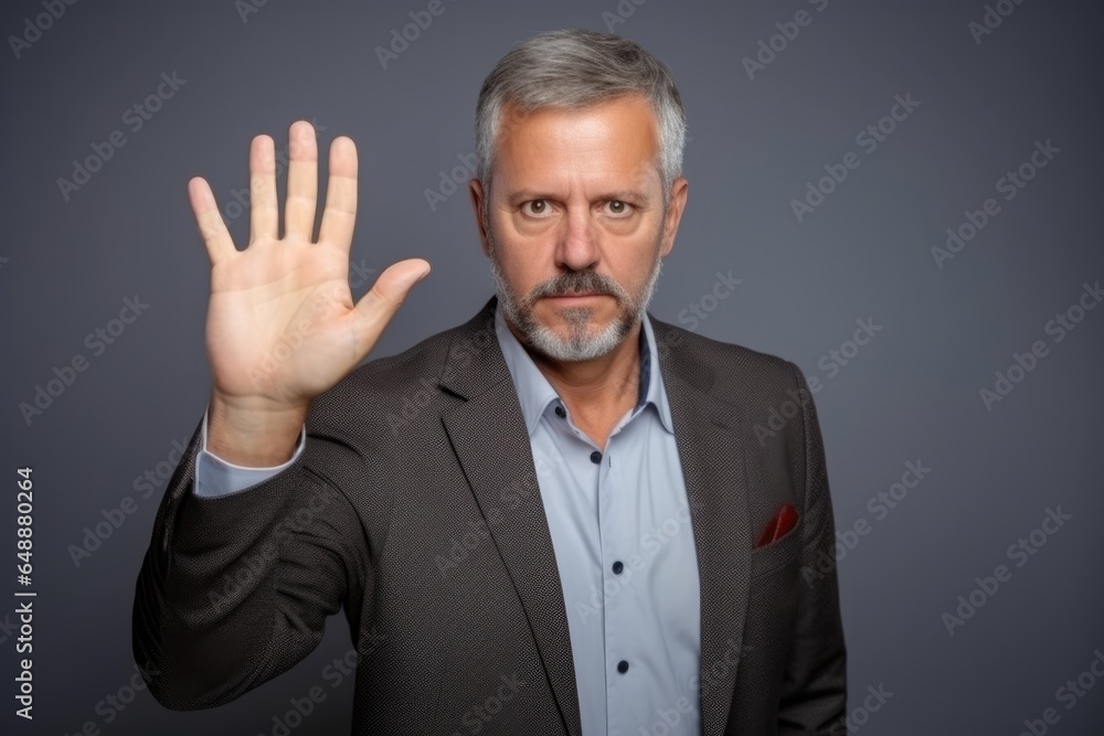 Middle age handsome grey-haired business man With a raised hand Middle age handsome grey-haired business man With a raised hand