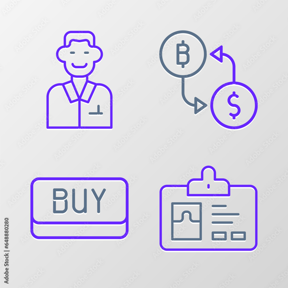 Set line Identification badge, Buy button, Cryptocurrency exchange and Trader icon. Vector Set line Identification badge, Buy button, Cryptocurrency exchange and Trader icon. Vector