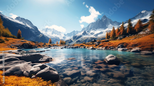 Right above the water surface of a blue crystal clear mountain lake. Autumn