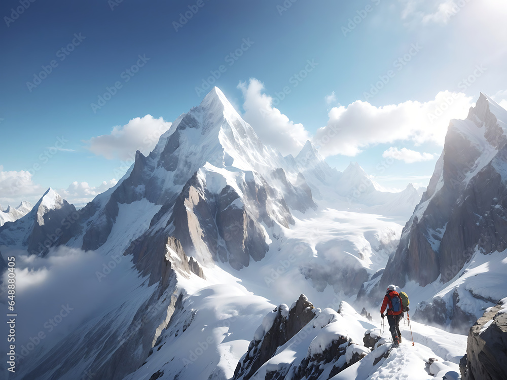Fototapeta premium a thrilling mountaineering adventure, with climbers ascending a majestic snow-capped peak, surrounded by awe-inspiring landscapes.
