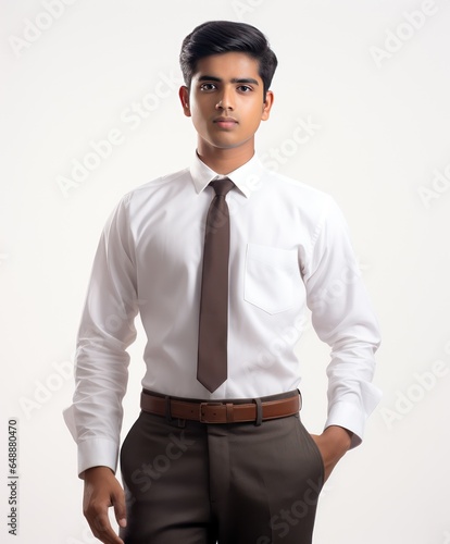 Indian College Boy in Dress Shirt with Earnest Gaze on White Background