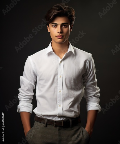 Indian College Boy in Dress Shirt with Earnest Gaze on White Background