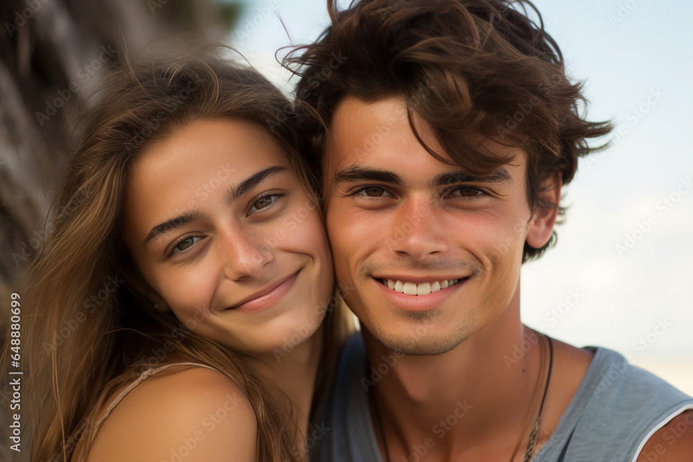 Young couple portrait two lovers spending time sunny country travelers Generative AI Young couple portrait two lovers spending time sunny country travelers Generative AI