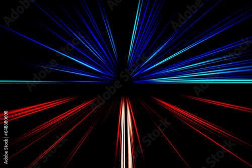 Abstract surface of radial zoom blur in blue and red tones on a black background. Bright two-color background with radial, diverging, converging lines. 