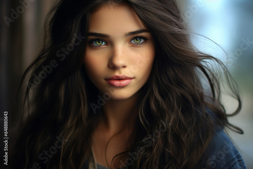 Generative Ai portrait of young girl woman brunette hairdo isolated over blurred lights background